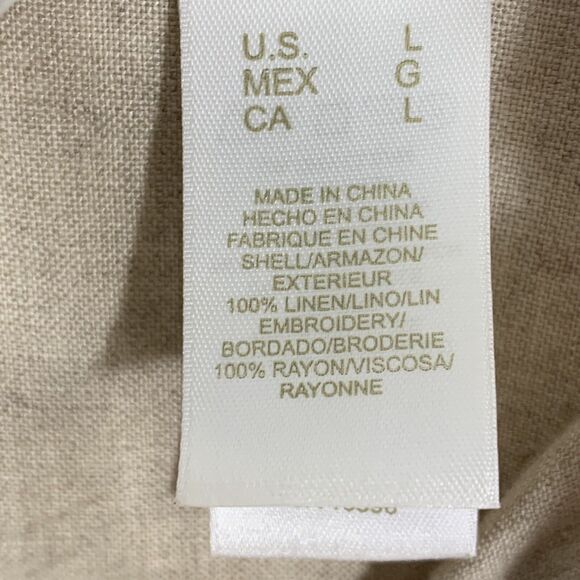 Liz Claiborne Lizwear Large Blouse Half Button Embroidered Linen Top Natural Tan - Picture 9 of 9